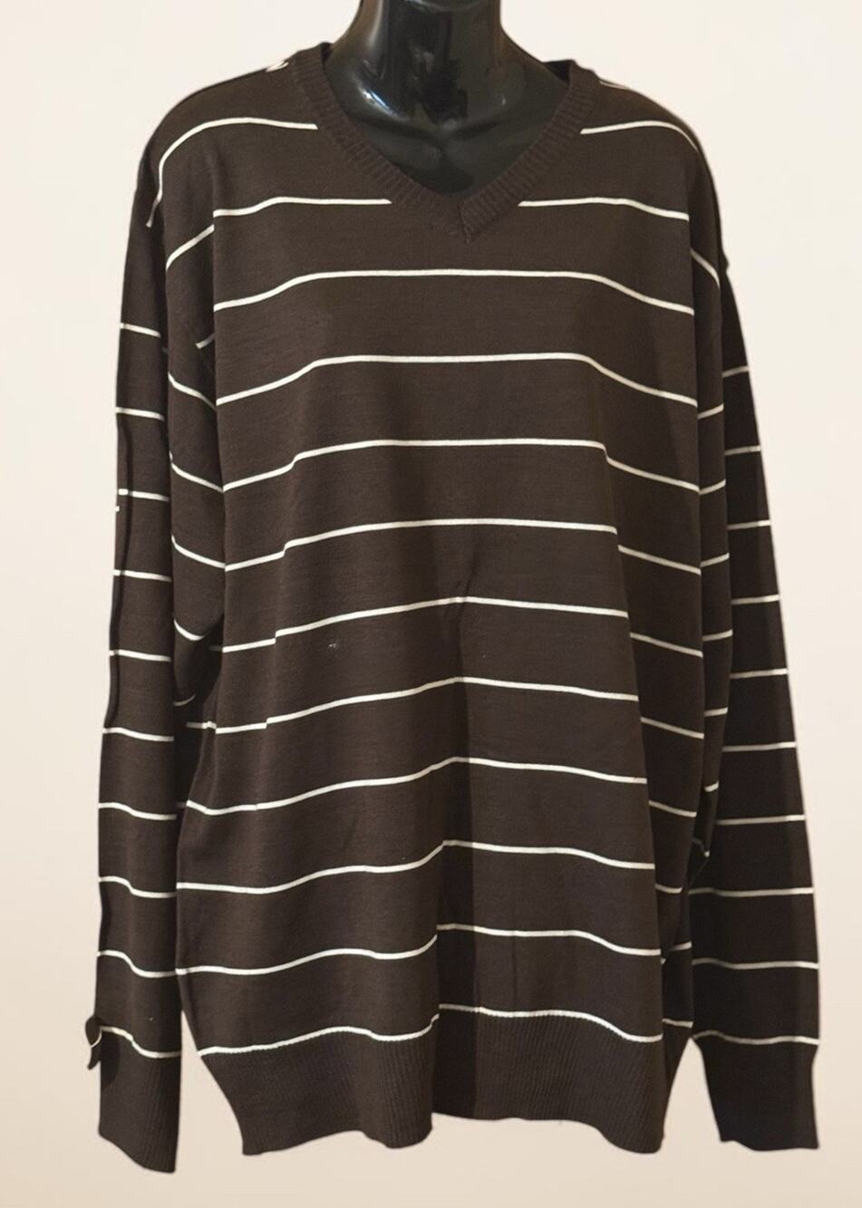 Ablanche Sweater Brown White Striped V Neck Pullover Lightweight Size 3XL